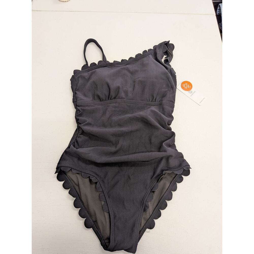 Charmo One Piece Swimsuit Gray Ribbed Scallop Trim UPF 50+ Size S NWT